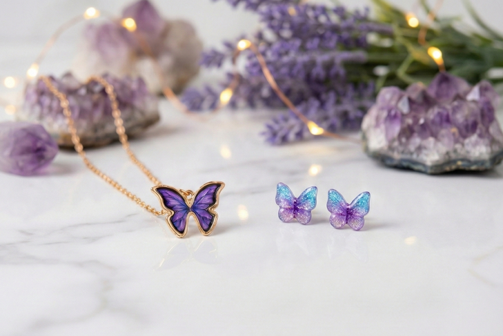 Aesthetic Purple Butterfly Necklace + Free Glitter Earrings