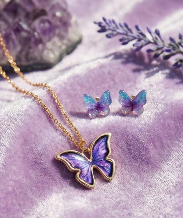 Aesthetic Purple Butterfly Necklace + Free Glitter Earrings
