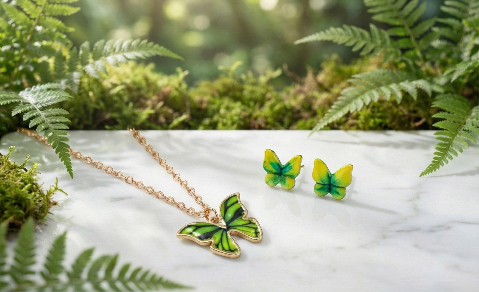 Green Enamel Butterfly Necklace & Green Gradient Stud Earrings Set