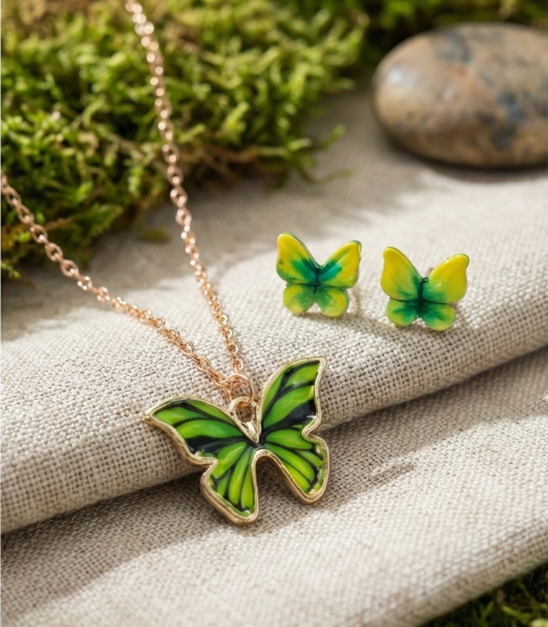 Green Enamel Butterfly Necklace & Green Gradient Stud Earrings Set