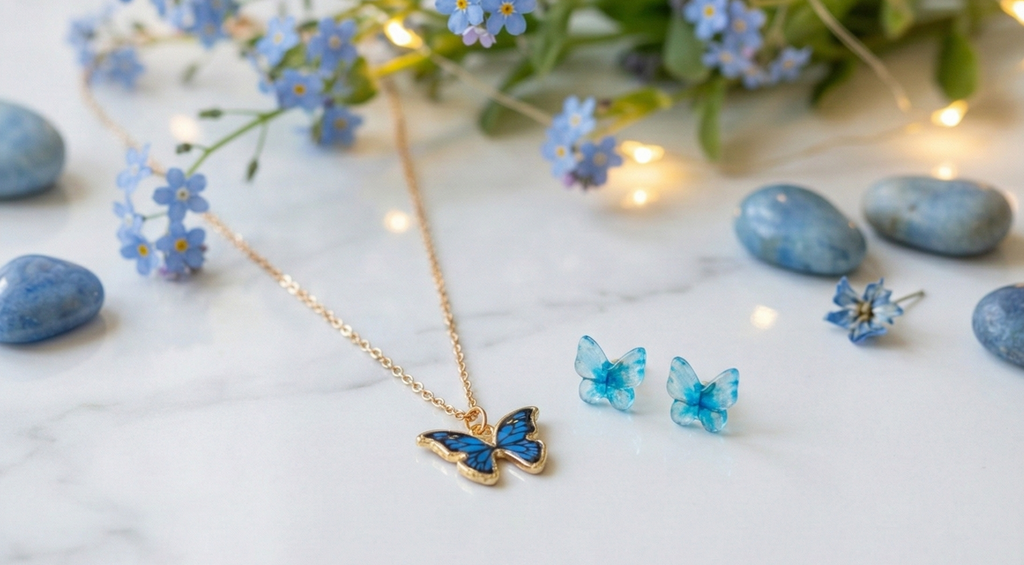 Blue Enamel Butterfly Necklace & Translucent Blue Stud Earrings Set