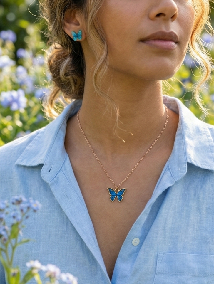 Blue Enamel Butterfly Necklace & Translucent Blue Stud Earrings Set