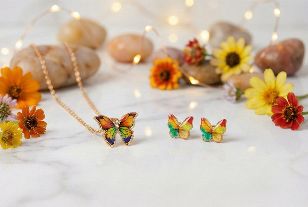 Rainbow Enamel Butterfly Pendant Necklace & Multi-Color Gradient Stud Earrings Set