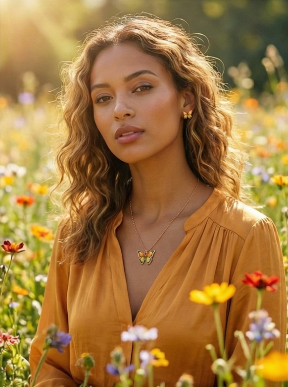 Rainbow Enamel Butterfly Pendant Necklace & Multi-Color Gradient Stud Earrings Set