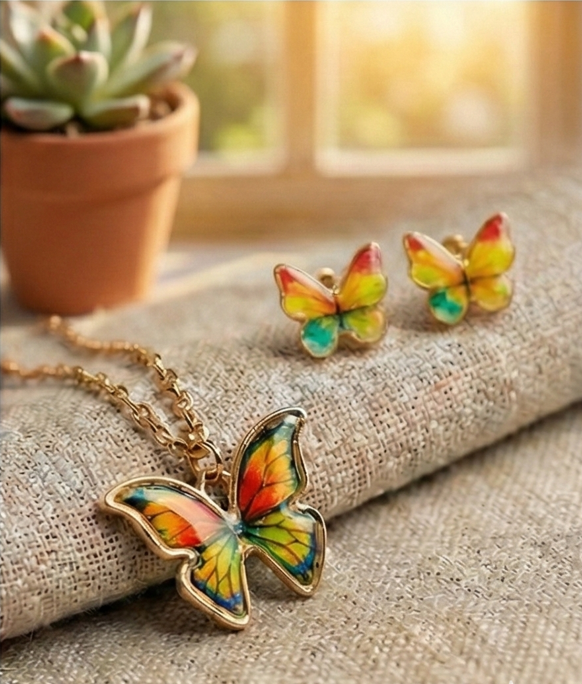 Rainbow Enamel Butterfly Pendant Necklace & Multi-Color Gradient Stud Earrings Set