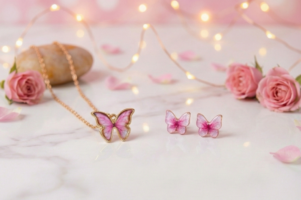 "Rose Wings" Pink Butterfly Necklace + Free Translucent Earrings