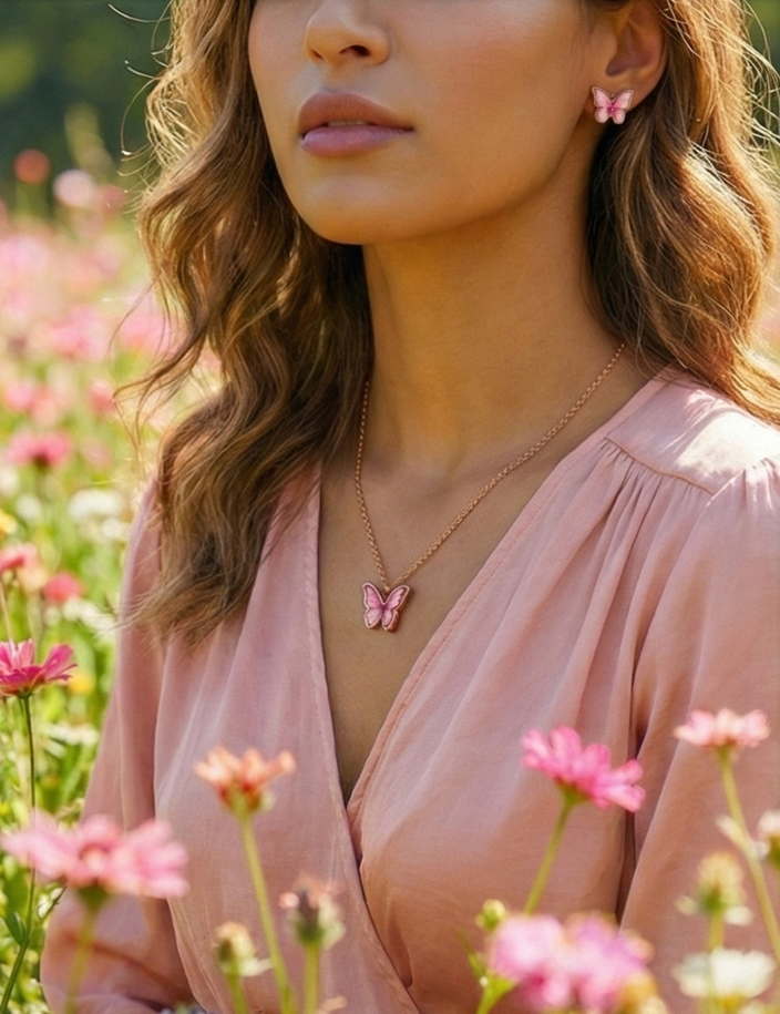 "Rose Wings" Pink Butterfly Necklace + Free Translucent Earrings