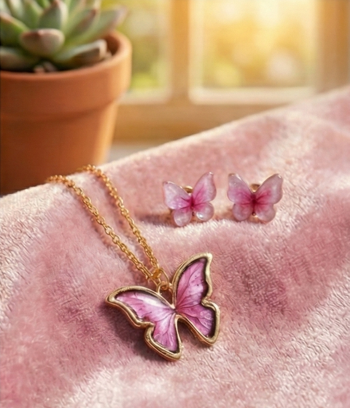 "Rose Wings" Pink Butterfly Necklace + Free Translucent Earrings