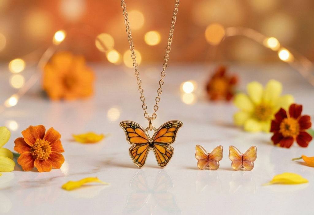 Sunset Wings- Orange Butterfly Pendant + Free Amber Earrings