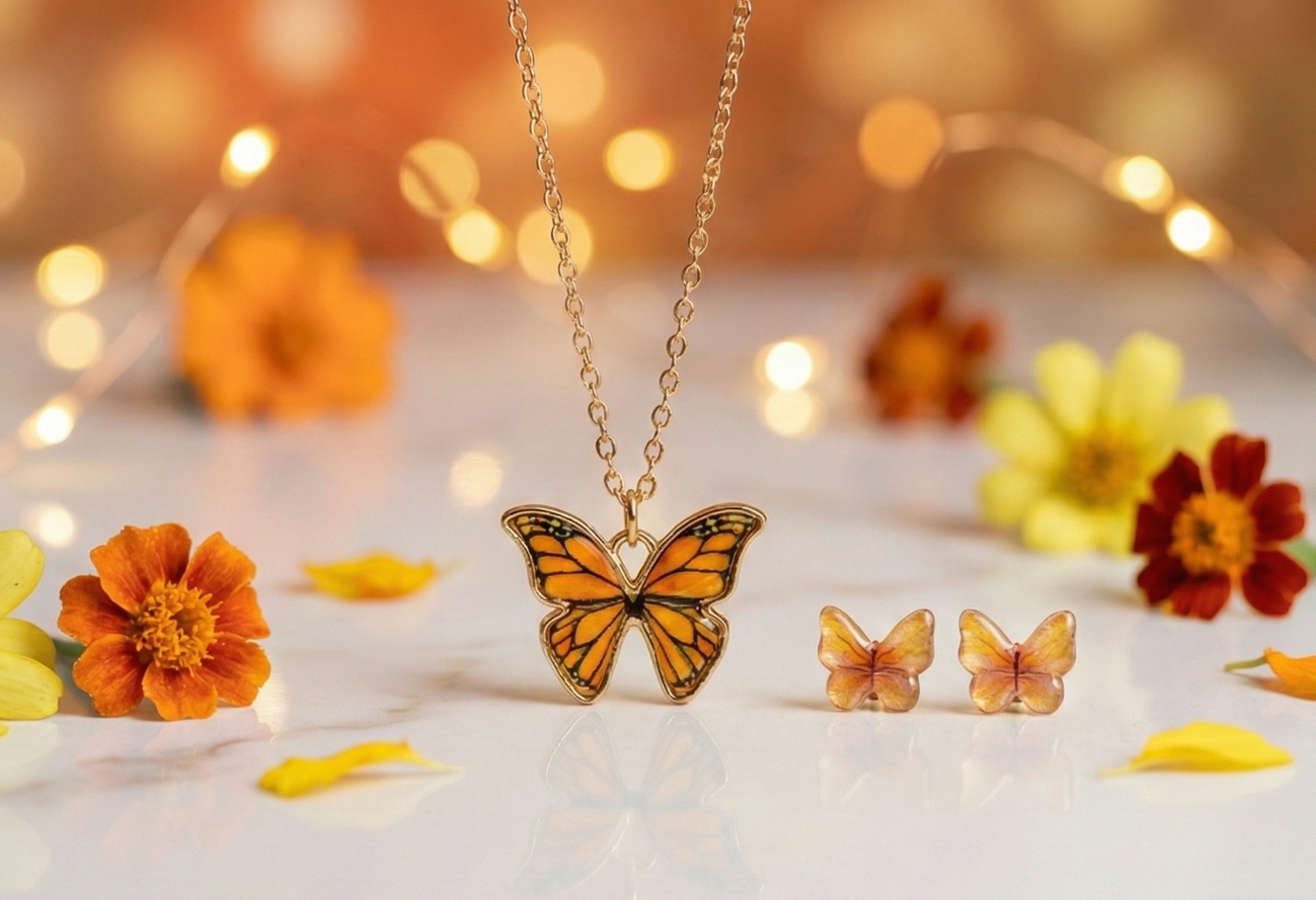 Sunset Wings- Orange Butterfly Pendant + Free Amber Earrings