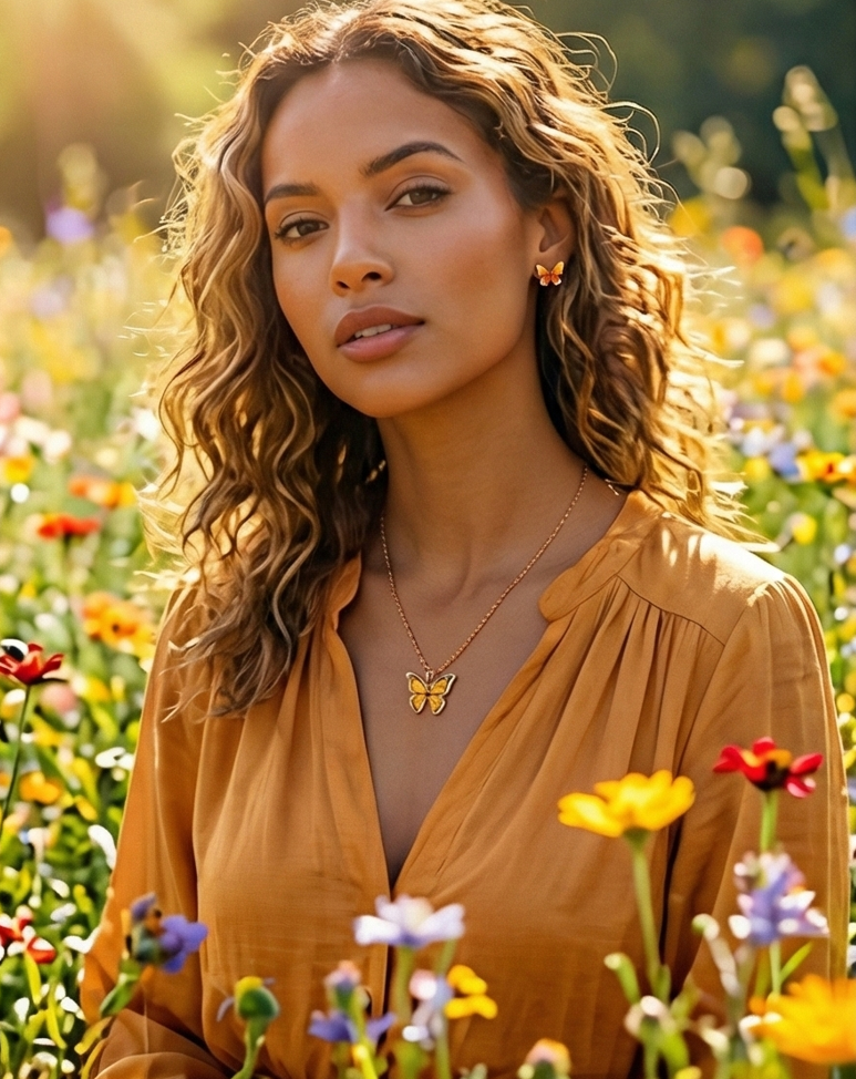 Sunset Wings- Orange Butterfly Pendant + Free Amber Earrings