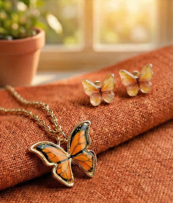 Sunset Wings- Orange Butterfly Pendant + Free Amber Earrings
