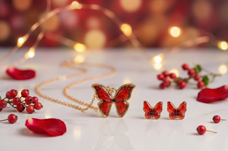 "Ember Wings" Red-Orange Butterfly Pendant + Free Translucent Earrings