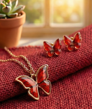 "Ember Wings" Red-Orange Butterfly Pendant + Free Translucent Earrings