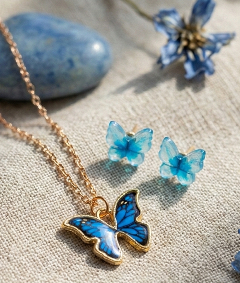 Blue Enamel Butterfly Necklace & Translucent Blue Stud Earrings Set